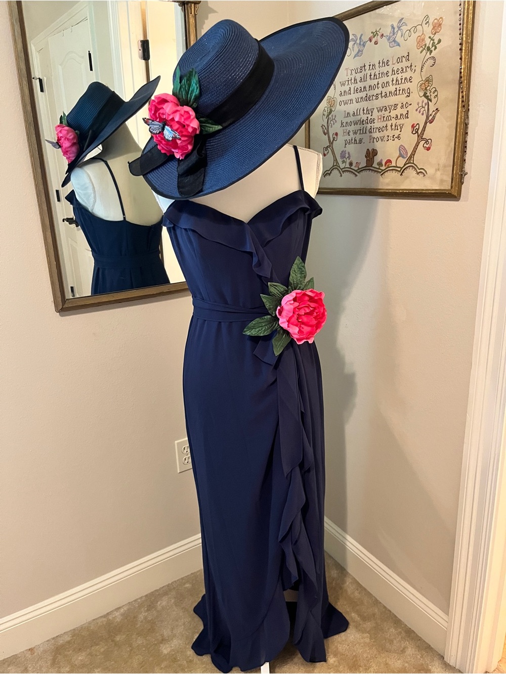 Navy Off-Shoulder Ruffle Maxi Dress with Pink Floral Accent